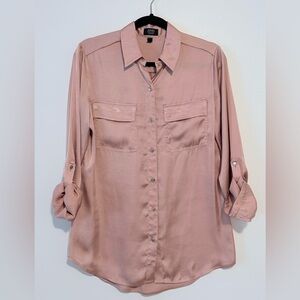 Jones New York Satin-Feel Blush Button-Down Shirt with Tie-Up Sleeves